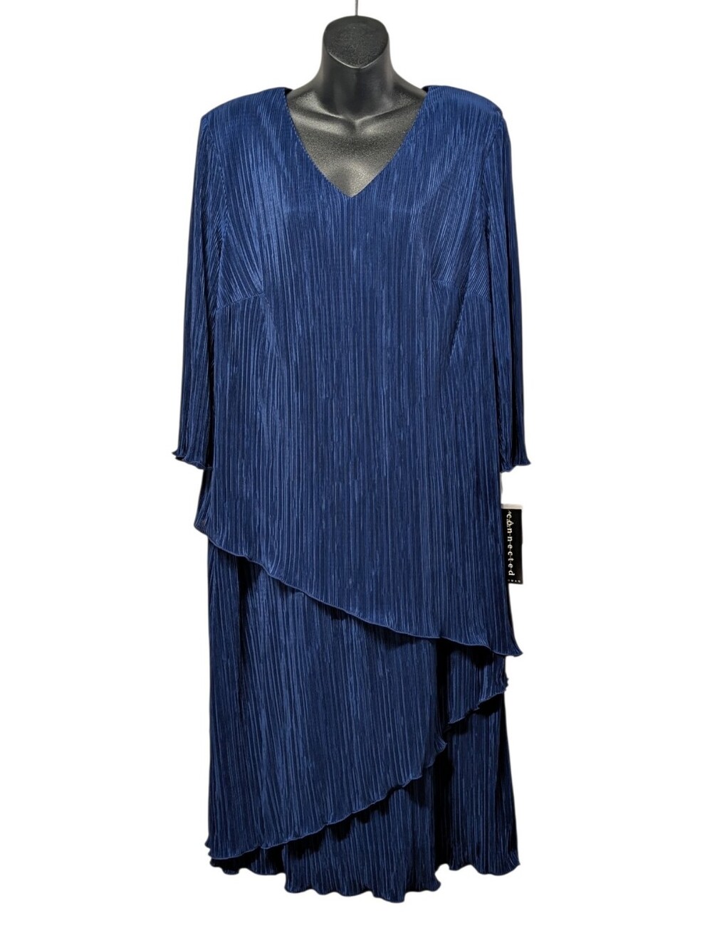 Connected Womens Blue Pleated Layered Shift Midi VNeck 3/4 Sleeve Dress 20W NWT